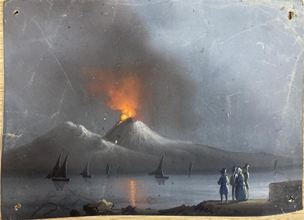 19th century Neapolitan School, gouache on card, Vesuvius erupting at night, 12.5 x 18cm, unframed